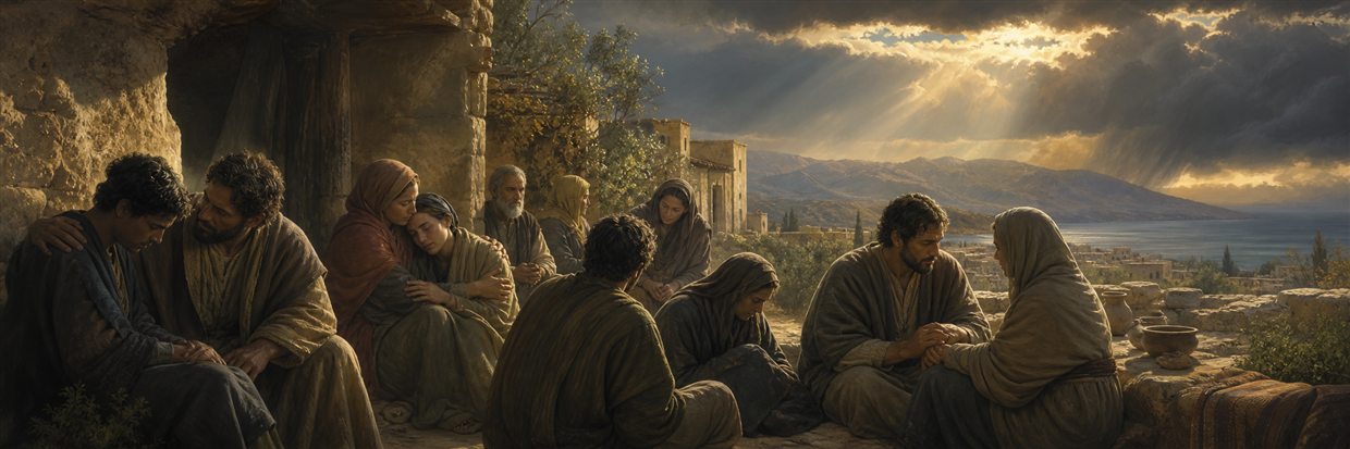 Weary believers comforting and sheltering one another as light breaks through receding storm clouds
